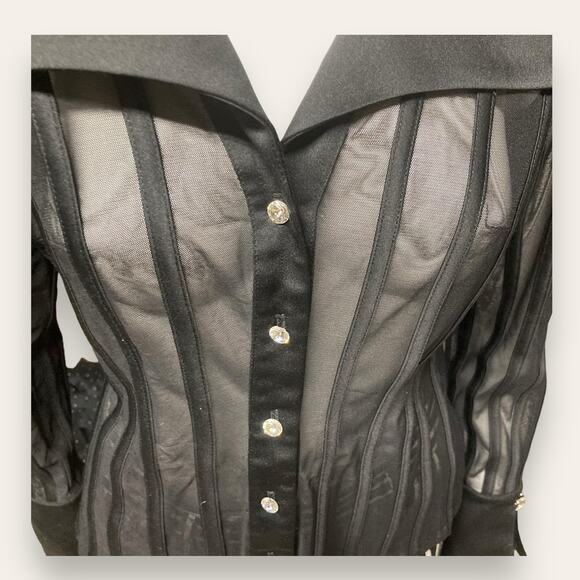 JS collections black mesh structured gemstone long sleeve button up sz8 - Picture 7 of 7
